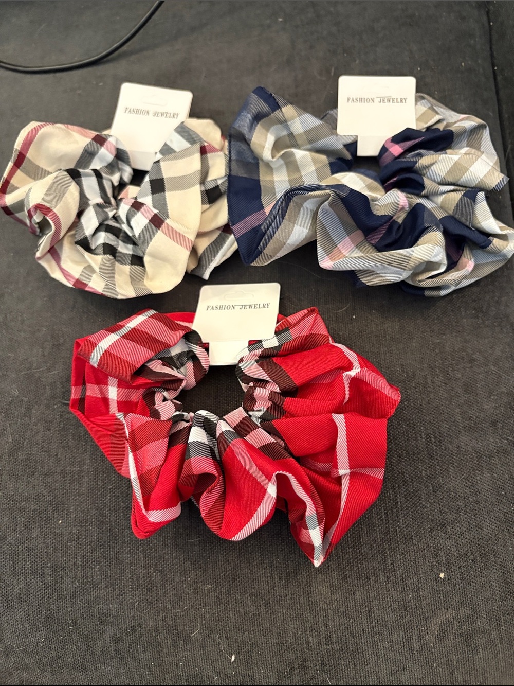 Fashion Jewelry Plaid Hair Scrunchies - Red, Navy, Beige 3 For $15